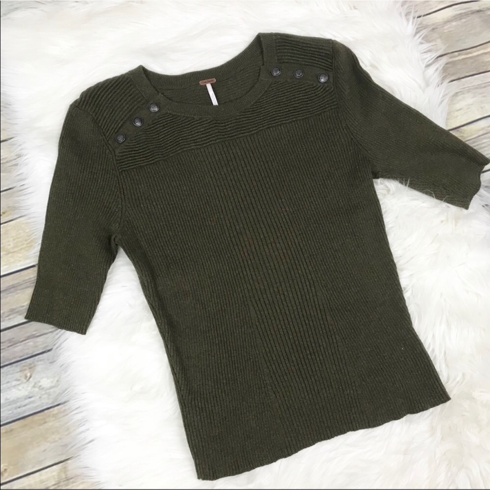 Free People Olive Green Ribbed Sweater Top, Size L